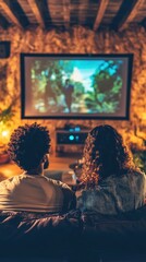 Friends sit together, relaxing and watching a movie on a large screen in a cozy, warmly lit room