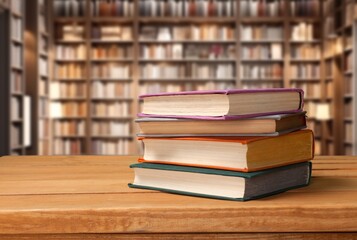 Set of books on table in library, education concept