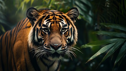 Close up of a tiger's face in the jungle.