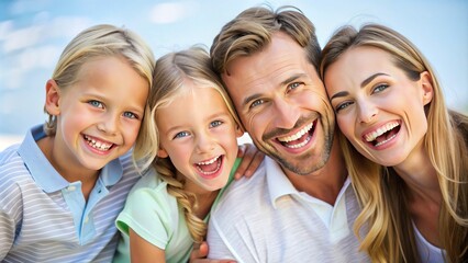Happy family of four with bright, healthy smiles, gathered together, showcasing their pearly whites, conveying a sense of joy, unity, and excellent dental care.