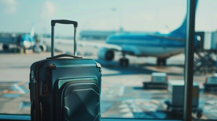 Suitcase, travel bag in airport. Airplane outside window. Travel background illustration generated by ai