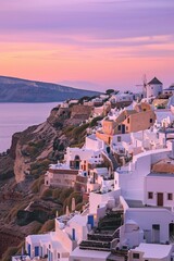 Romantic Twilight View of Santorini Coastline with Iconic White Buildings, Aegean Sea, and Sunset Glow