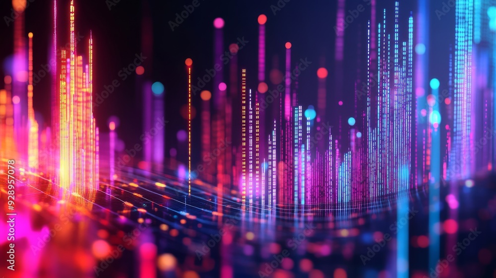 Poster tech data landscape with illuminated graphs and vibrant, contrasting colors