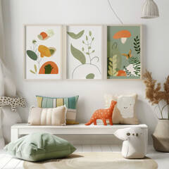A poster mockup scene designed for a nature-inspired homeschool kindergarten. The setting features earthy tones and natural textures, with elements like wooden toys, plants, and soft lighting. 