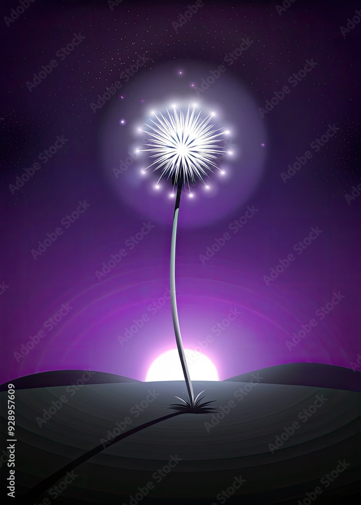 Poster Glowing dandelion against a deep purple backdrop