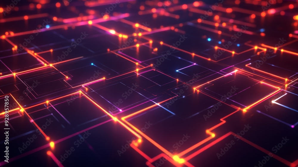 Poster tech grid design with illuminated nodes and balanced, minimalist composition