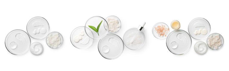 Petri dishes with cosmetic products and plant isolated on white, top view. Set