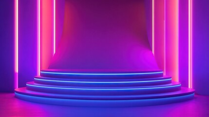 Obraz premium Neon Steps to Success: A futuristic and vibrant product display with neon lights illuminating a set of steps