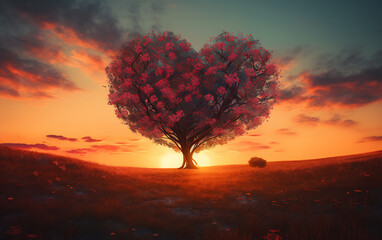 Heart-Shaped Tree at Sunset: Love & Nature Concept