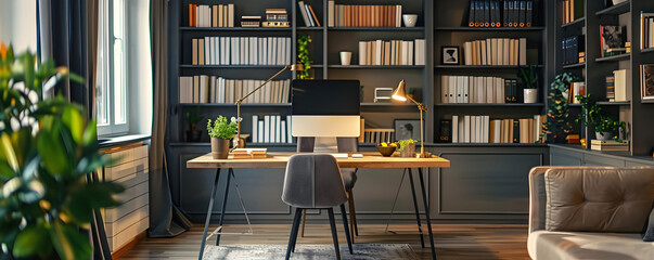 Obraz premium Home Office Interior Design with Bookshelves and Desk Illustration