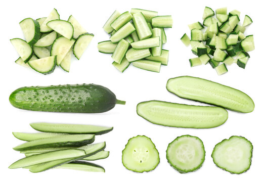 Fresh cucumbers isolated on white, collage. Different types of cuts