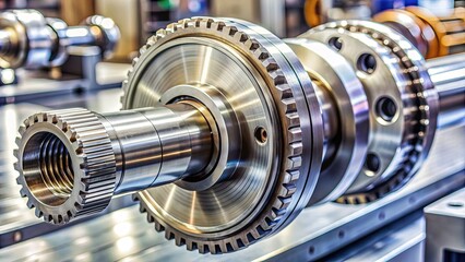 Fototapeta premium High-precision mechanical component with rotating shaft and metal rings, supporting axial loads in heavy machinery, gears, and industrial equipment.