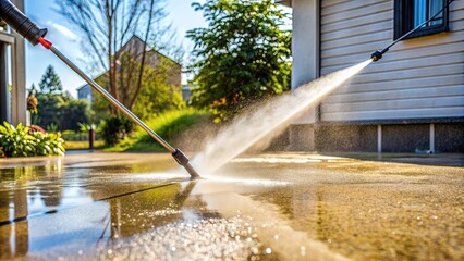 High-pressure water jet blasts away dirt and grime from a worn concrete driveway, revealing a clean surface with improved texture and restored vibrancy.
