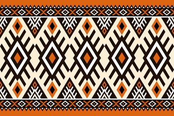 Vibrant ethnic pattern featuring geometric shapes in orange, black, and cream. Symmetrical ethnic design with diamond motifs and zigzag lines. Ideal for contemporary ethnic-inspired backgrounds.