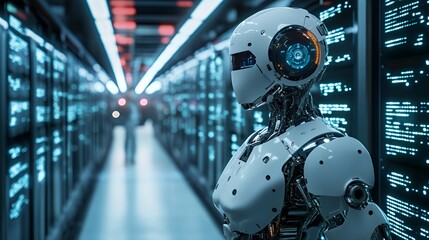 Fototapeta premium Futuristic humanoid robot standing in a server room with glowing blue screens in the background.