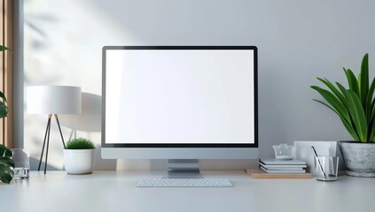 Fototapeta premium blank white screen on the desk, in an office background, a coffee cup and books beside it
