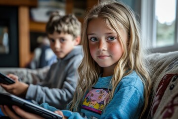 A girl with blonde hair is sitting on a couch with a boy. She is holding a tablet in her hand