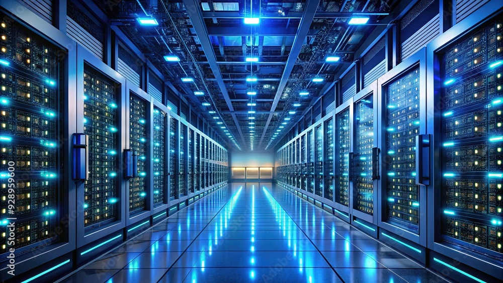 Poster high-tech room with rows of computer servers, flashing lights, and wires, depicting a modern data ce