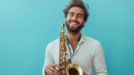 Fototapeta premium A photo of a happy man joyfully playing a saxophone, isolated on a light blue background