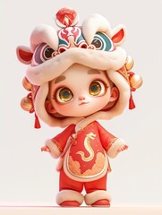 Fototapeta premium Cute cartoon character in a lion dance costume with red and gold trim, white fur, big eyes, and a smile.