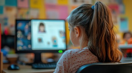 A girl is sitting in front of a computer monitor. She is wearing a white shirt and has her hair in a ponytail