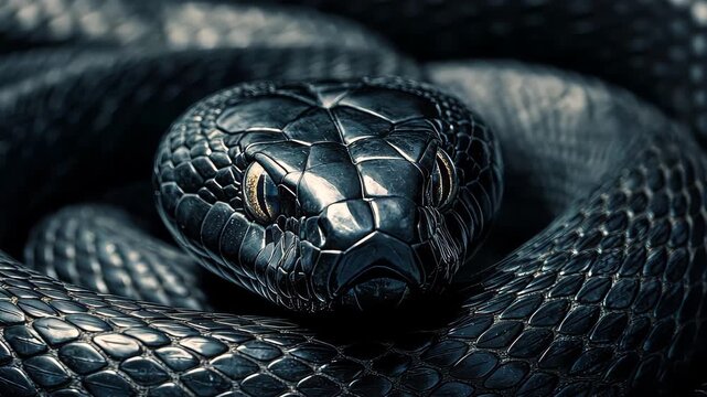 Intense black snake fixating with piercing eyes in the wild