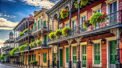Historic balconied buildings with ornate ironwork and vibrant shutters line a narrow street in the charming French Quarter of New Orleans, Louisiana.