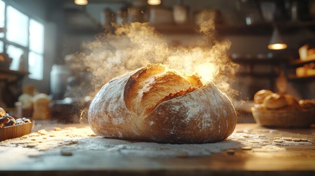 A 3D loaf of bread with steam rising in a soft, cozy bakery environment, representing freshly baked goods