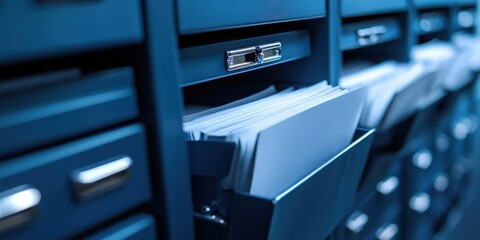 Obraz premium metal file cabinets with open digital documents in the background,