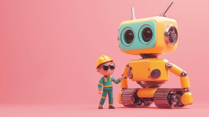 Fototapeta premium Cartoon Engineer and Robot in Conversation on Pink Background