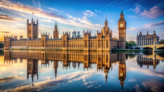 Historic clock tower and Neo-Gothic architecture of the Houses of Parliament building reflected in the calm waters of the River Thames in London.