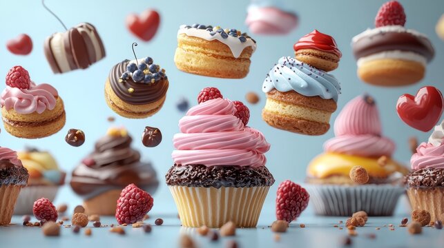 A 3D bakery menu board with floating dessert icons, symbolizing a variety of sweet offerings
