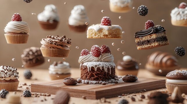 A 3D bakery menu board with floating dessert icons, symbolizing a variety of sweet offerings