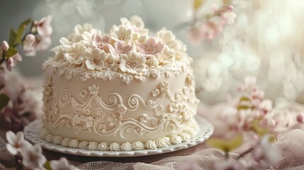 A 3D cake with intricate icing designs on a soft background, symbolizing celebration and craftsmanship