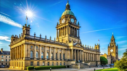 Fototapeta premium Historic Leeds Town Hall stands majestic with its Victorian-era Gothic Revival architecture, clock tower, and ornate stonework against a clear blue sky in West Yorkshire, UK.
