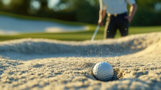 A golf ball resting in a sand bunker, with a golfer approaching with a sand wedge to make the shot.