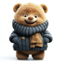 Cute Happy Bear Isolated on White Background Wearing Cold Weather or Winter Outfit. Cartoon Character - Mascot