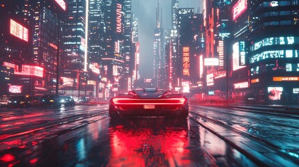 A futuristic cityscape with neon-glowing skyscrapers and autonomous vehicles on the streets