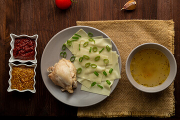Dagestan national khinkal homemade dough, meat, thick broth,