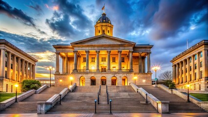 Historic Tennessee State Capitol building's grand staircase and ornate architecture dominate the scene, symbolizing democracy and governance in the Volunteer State's legislative hub.
