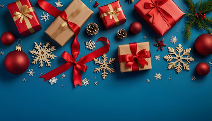 Christmas gift boxes gold ribbon bows and stars near decorated tree