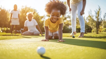 A young girl smiles as she plays on the golf green, practicing her putting with family close by