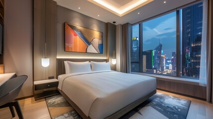 Modern hotel room with a large bed, a desk, and a view of a city skyline at dusk