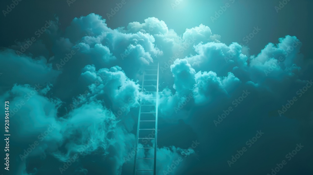 Poster ladder ascending through a cloud formation with a light source at the top, creating a sense of ascen