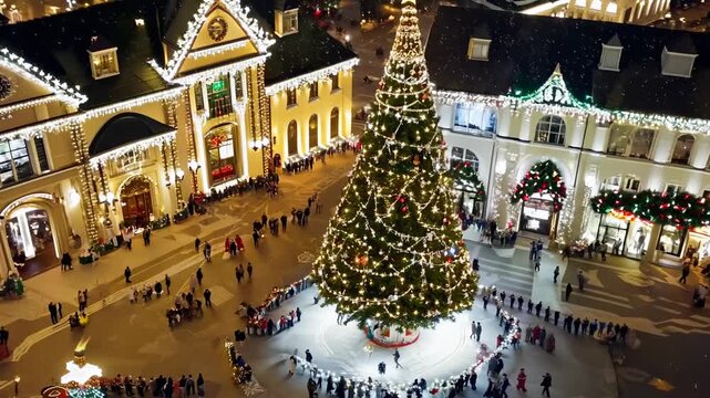 Aerial view of a Christmas tree on the main square of a small town. A stunning aerial view captures the festive spirit of the town square, adorned with twinkling lights.