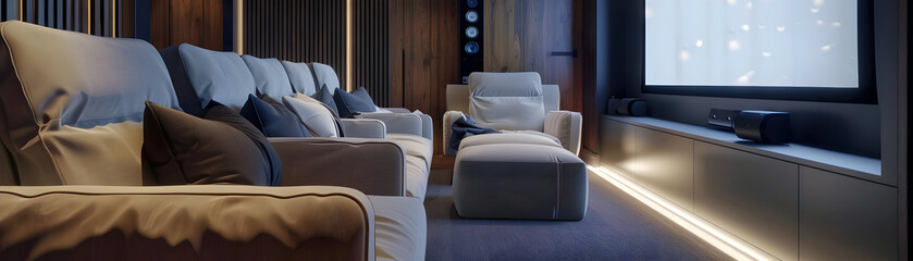 Fototapeta premium Modern Home Theater Room with Comfortable Seating and Large Screen - 3D Illustration