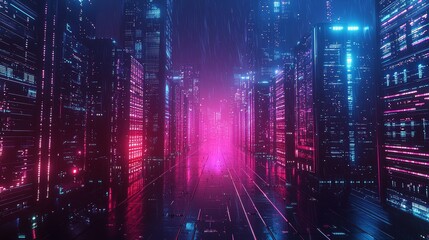 Obraz premium A futuristic technology hub with neon-lit skyscrapers and advanced data centers