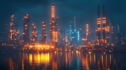 A futuristic energy hub with neon-lit power plants and advanced renewable energy sources