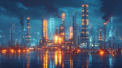 A futuristic energy hub with neon-lit power plants and advanced renewable energy sources