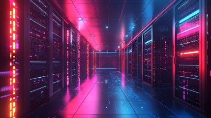 A futuristic technology hub with neon-lit skyscrapers and advanced data centers